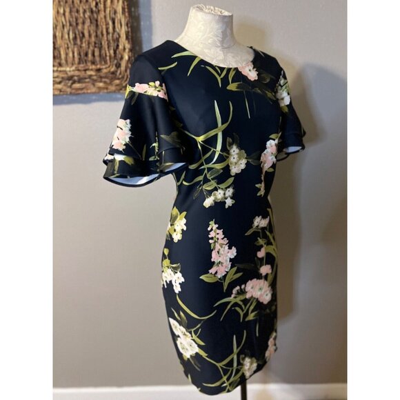 Tommy Hilfiger Dress 14 Black Pink Floral Short Sleeve Stretch Career Church - Picture 7 of 9